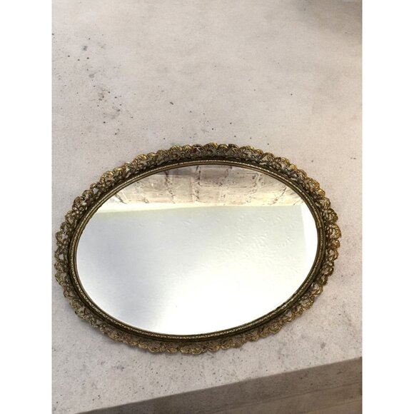 Vintage Ornate Brass & Glass Oval Vanity Tray or Wall Mirror - Picture 7 of 9